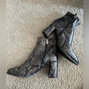 🌿 Snakeskin Pointed Toe Heeled Booties from Marc Fisher